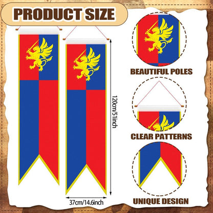 Oudain 4 ft Medieval Fantasy Pull-down Banner with Lion Design Hanging Party Bunting Banner Medieval Party Decorations Garden Cutouts Flag for Castle Theme Festival Birthday Decor(4 Pcs)