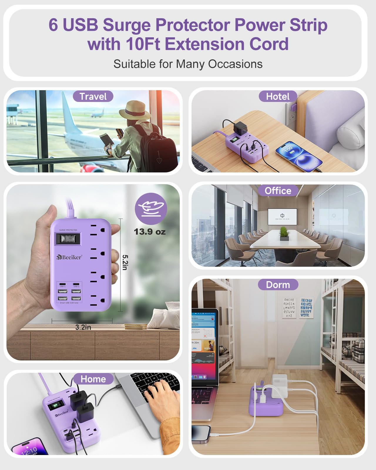 6 USB(2 USB C) Purple Travel Power Strip- 5Ft Lavender Extension Cord with 24W USB Charging Station and 4 Outlets, Purple Desk Accessories with Surge Protector for Cute Kawaii Office Dorm Room