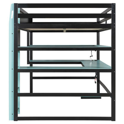 DNYN Gaming Loft Bed with Built-in Desk and Storage Shelves for Teens/Adults Bedroom, Space-Saving Full Size Wooden Bed Frame with LED & Side Race, No Box Spring Needed