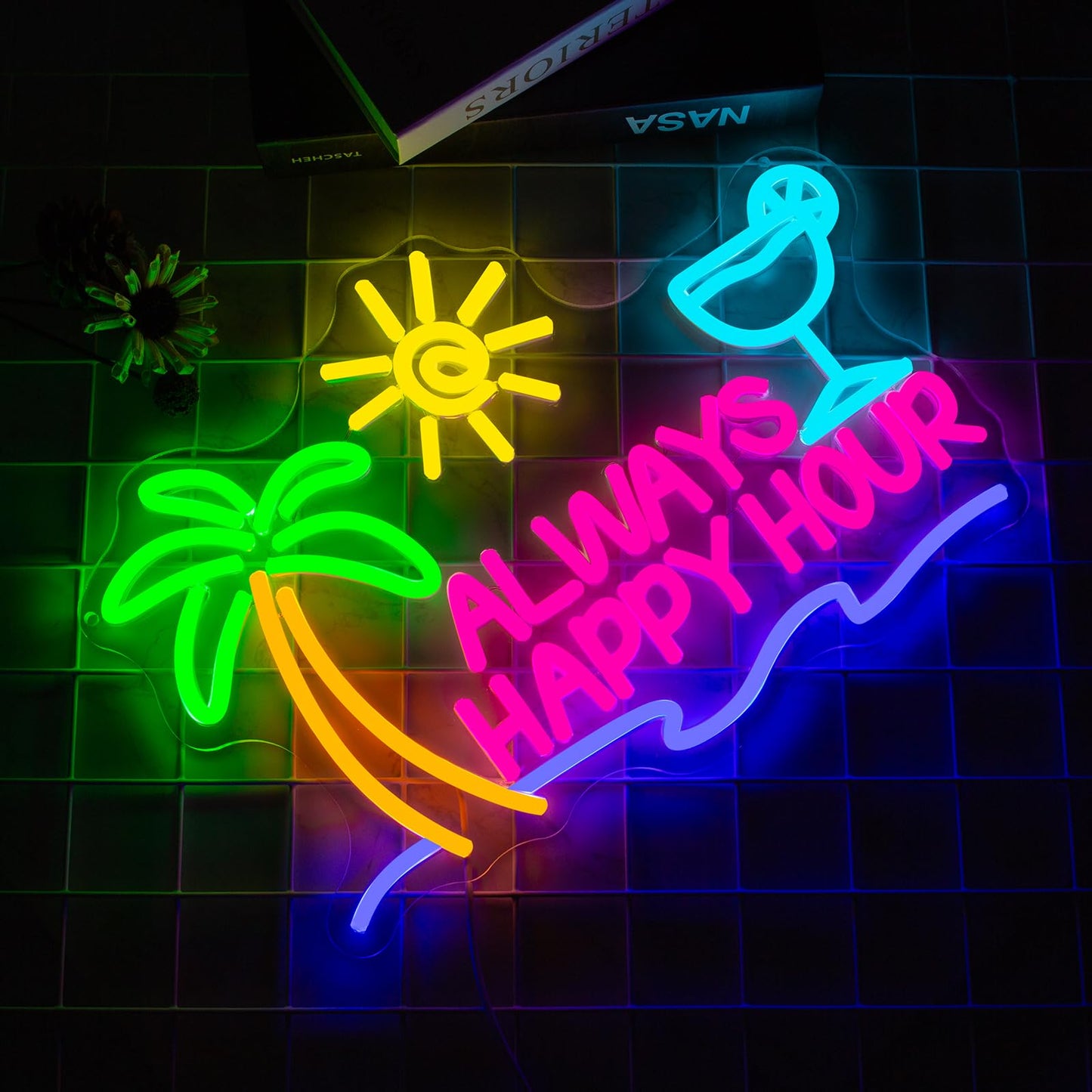 NINSNINT Always Happy Hour Neon Sign, Dimmables Beach Neon Signs for Wall Decor, Palm Tree Led Light Up Signs for Bedroom Bar Club Pub Man Cave Restaurant Party Decorations