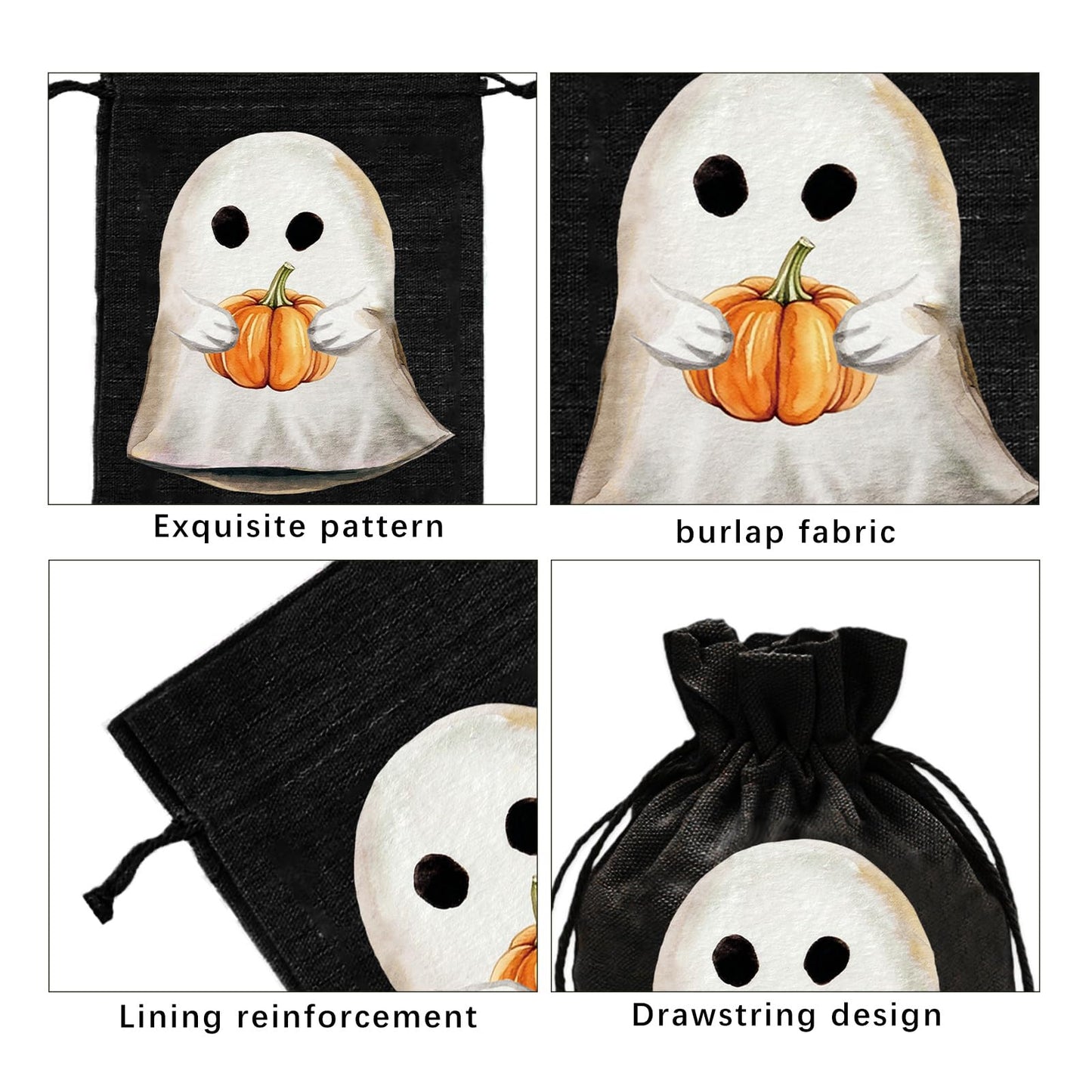 JarThenaAMCS 24 Pack Halloween Burlap Bags Spooky Ghost Pumpkin Gift Bags Black White Orange Linen Treat Goody Bag with Drawstring for Halloween Party Favors