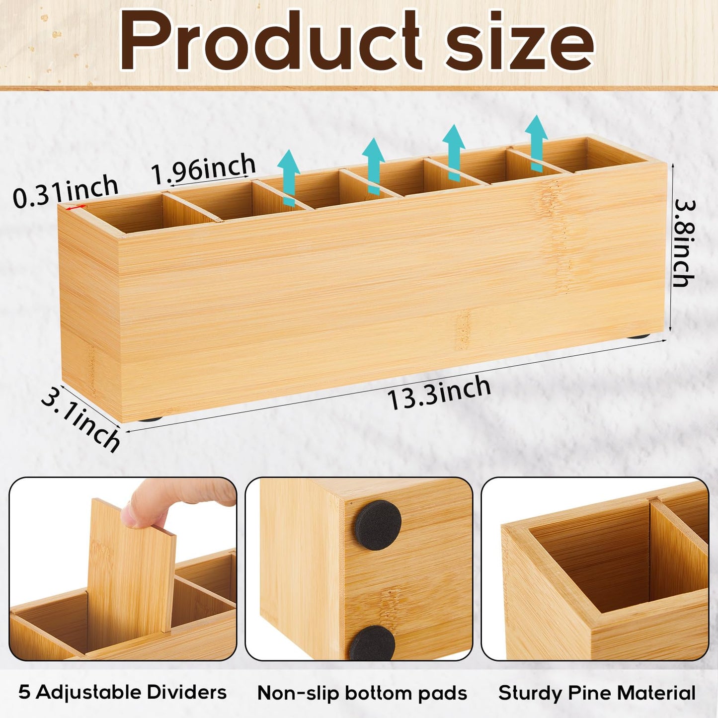 Jetec Wooden Pencil Pen Holder for Desk 6 Compartments Cosmetic Makeup Brush Stationery Office Desktop Organizers for Countertop Adjustable Silverware Caddy for Party, Art Supplies,Home(Bamboo)