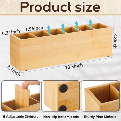 Jetec Wooden Pencil Pen Holder for Desk 6 Compartments Cosmetic Makeup Brush Stationery Office Desktop Organizers for Countertop Adjustable Silverware Caddy for Party, Art Supplies,Home(Bamboo)