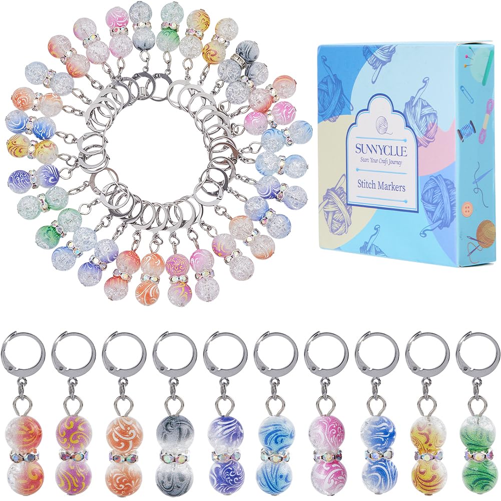 SUNNYCLUE 1 Box 30pcs Crochet Stitch Markers Charms Stitch Markers Cute Removable Acrylic Round Bead Locking Stitch Marker Clasp Clip Charms Bulk for Weaving Sewing Zipper Quilting Accessories