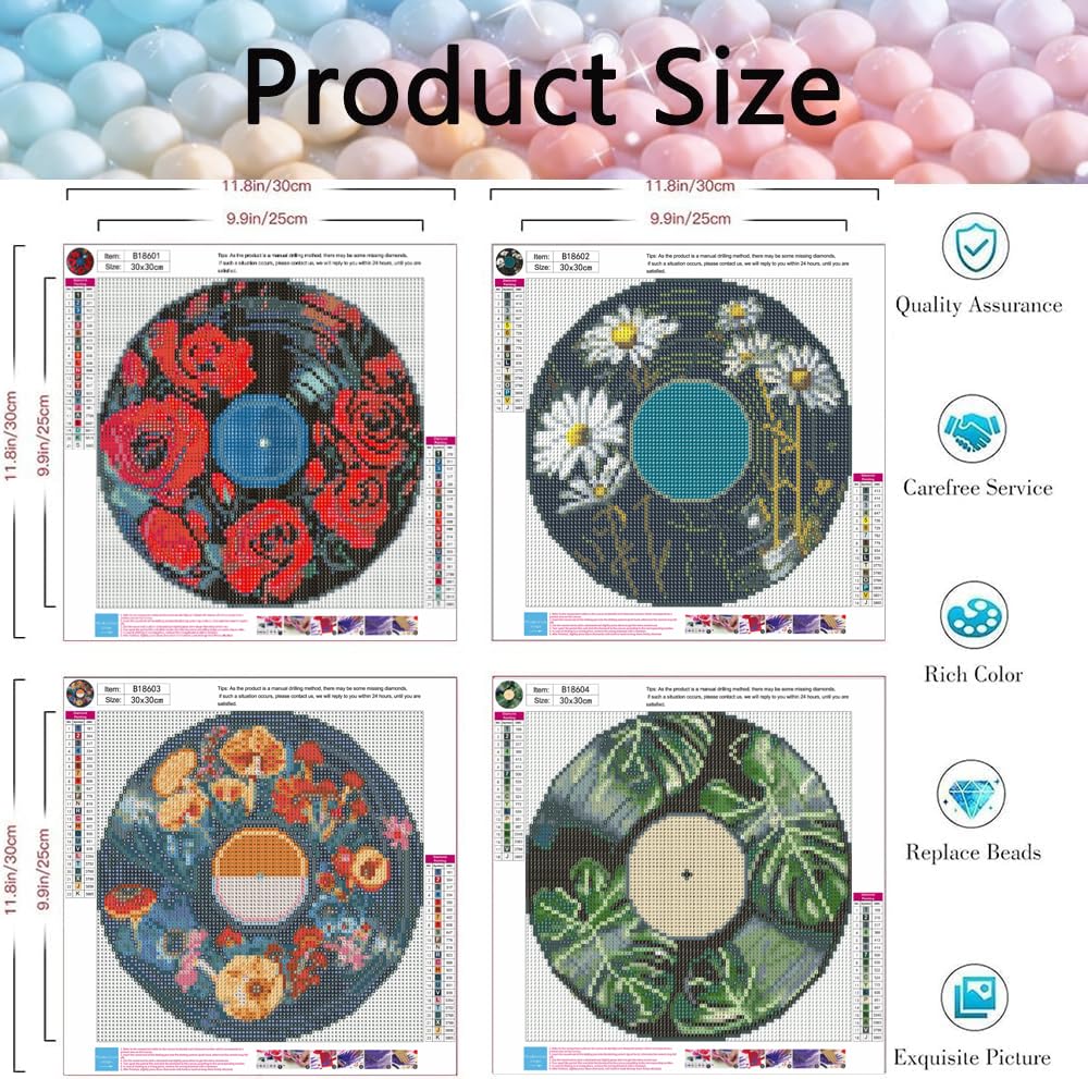 4 Pack Retro Vinyl Record Diamond Art Kits for Adults,Flower Diamond Painting Kit for Adults,DIY5D Diamond Dots Gem Painting Kit for Beginners,Diamond Art and Craft Paintings Wall Decor 12x12inch