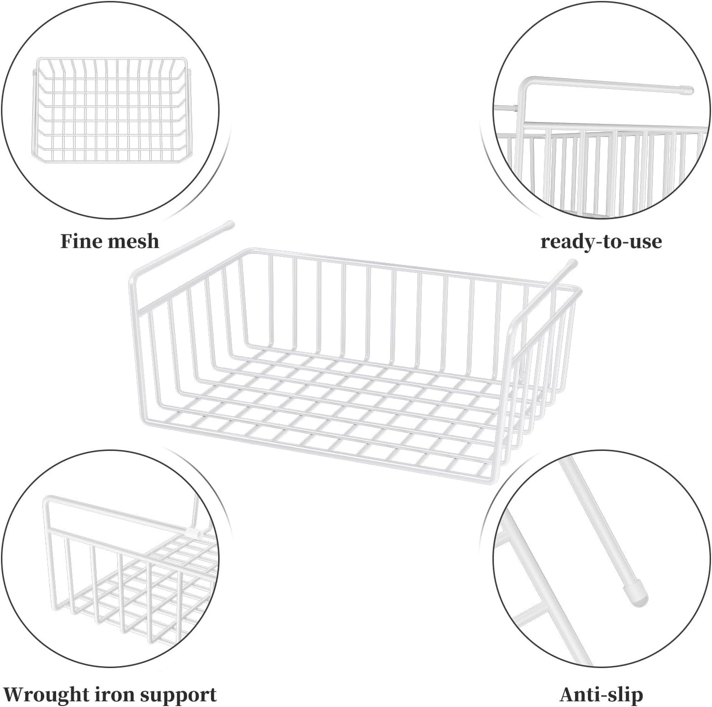 SUFAUY Under Shelf Basket Organizer, Slides Under Cabinet Shelf Storage Bin Holds up to 22lbs, 6 PCS (White)