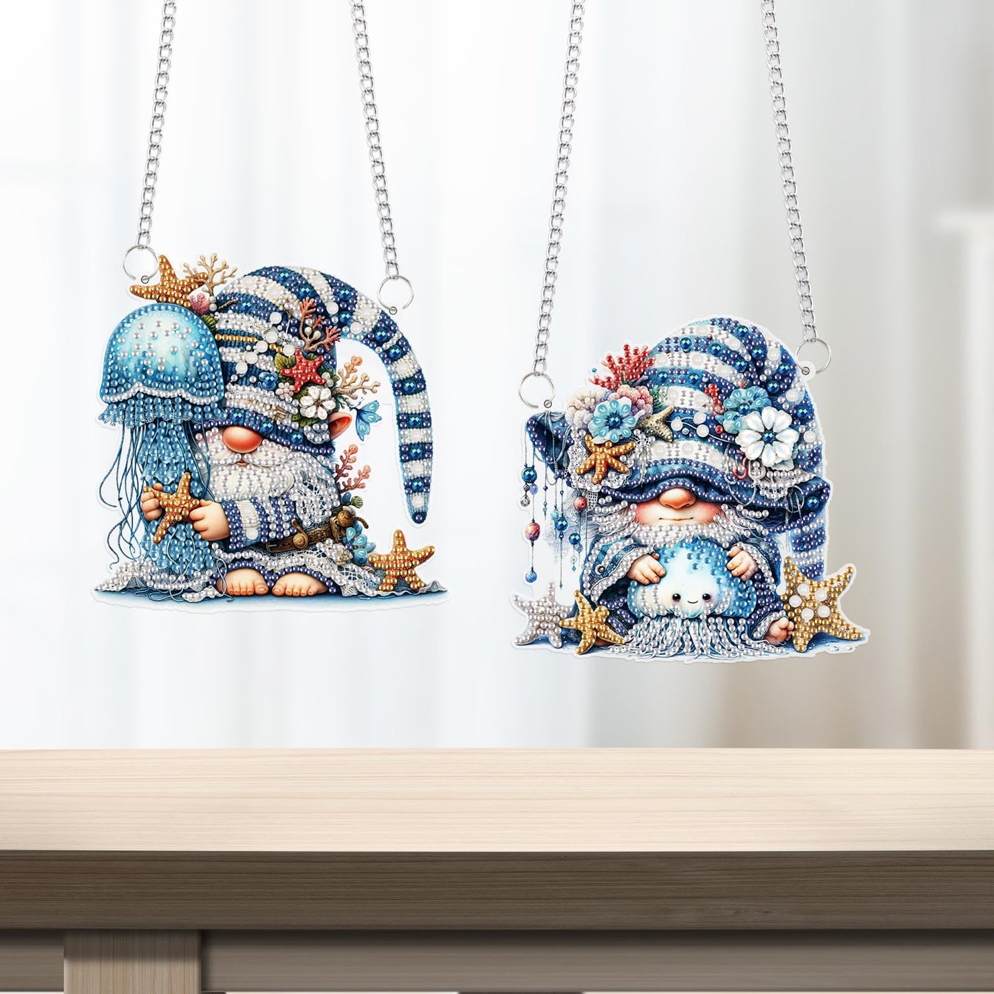 2 Pack Ocean-Themed DIY Diamond Painting Ornaments – Gnome & Jellyfish Design with Irregular Shaped Gems, 5D Acrylic Hanging Kit for Window & Wall Decor, Mosaic Craft Gift Set