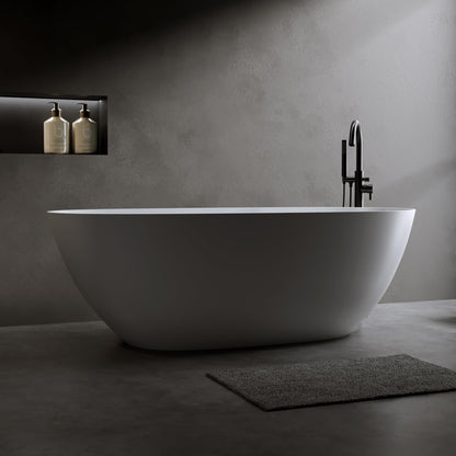 GDFStudio 69" Solid Surface Freestanding Bathtub, Matte White Stone Resin Soaking Tub with Overflow and Pop-Up Drain, Thick Edge Oval Stand Alone Deep Soaker Tub for Modern Bathroom Spa Relaxation