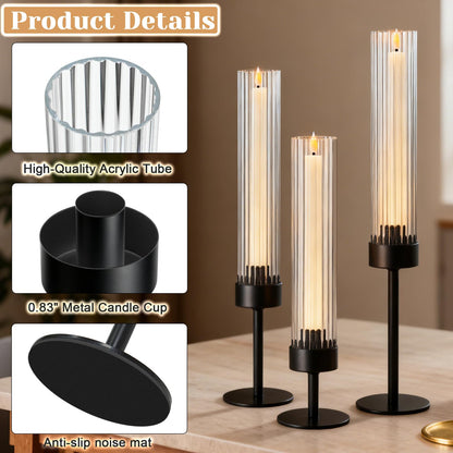 Metal & Acrylic Taper Candle Holders Set of 3 with Ribbed Design - Hurricane Clear Cylinder Candelabra for Wedding, Christmas, Party, Dining Table Centerpiece Decor (Black, Set of 3)
