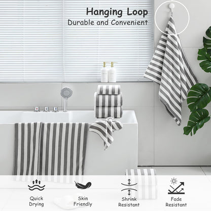 18 Set Loop-6 Towels,6 Towels,6 Set Pcs Light Gray Stripe Bath Towel with Hanging Bath Hand Washcloths Soft Family