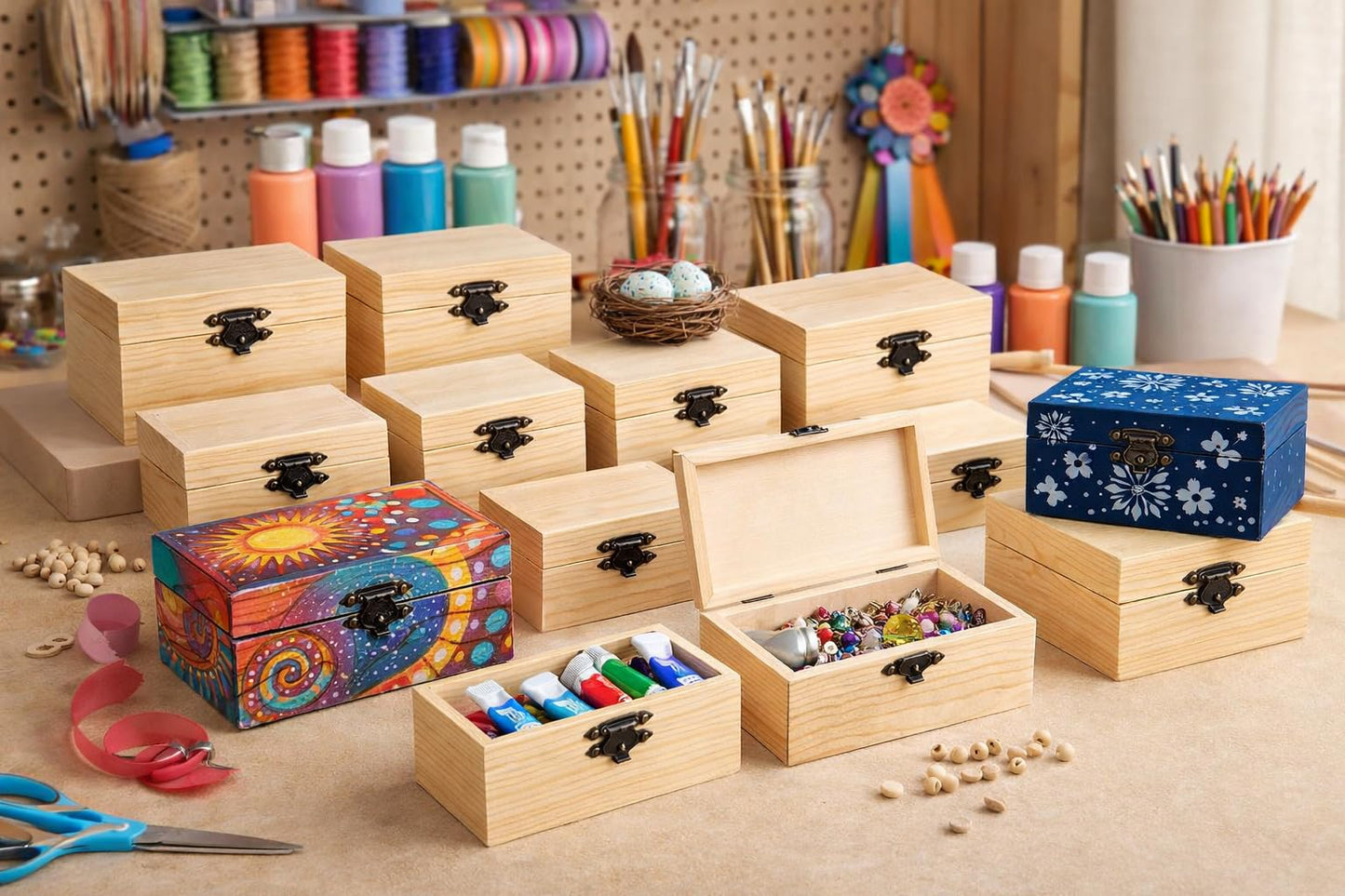 Oojami 12 Pc Rectangle Unfinished Wood Box Natural DIY Craft Stash Boxes with Hinged Lid and Front Clasp for Arts Hobbies Comes in 2 Different Sizes