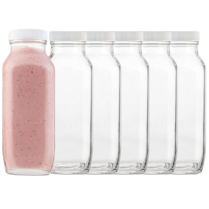 kitchentoolz 16oz Square Glass Milk Bottles with Lids – Reusable Glass Bottles for Milk, Creamer, Juice, Smoothies, Kefir & Yogurt – Airtight Vintage Drinking Jars for Lunch Box & Fridge – 6 Pack