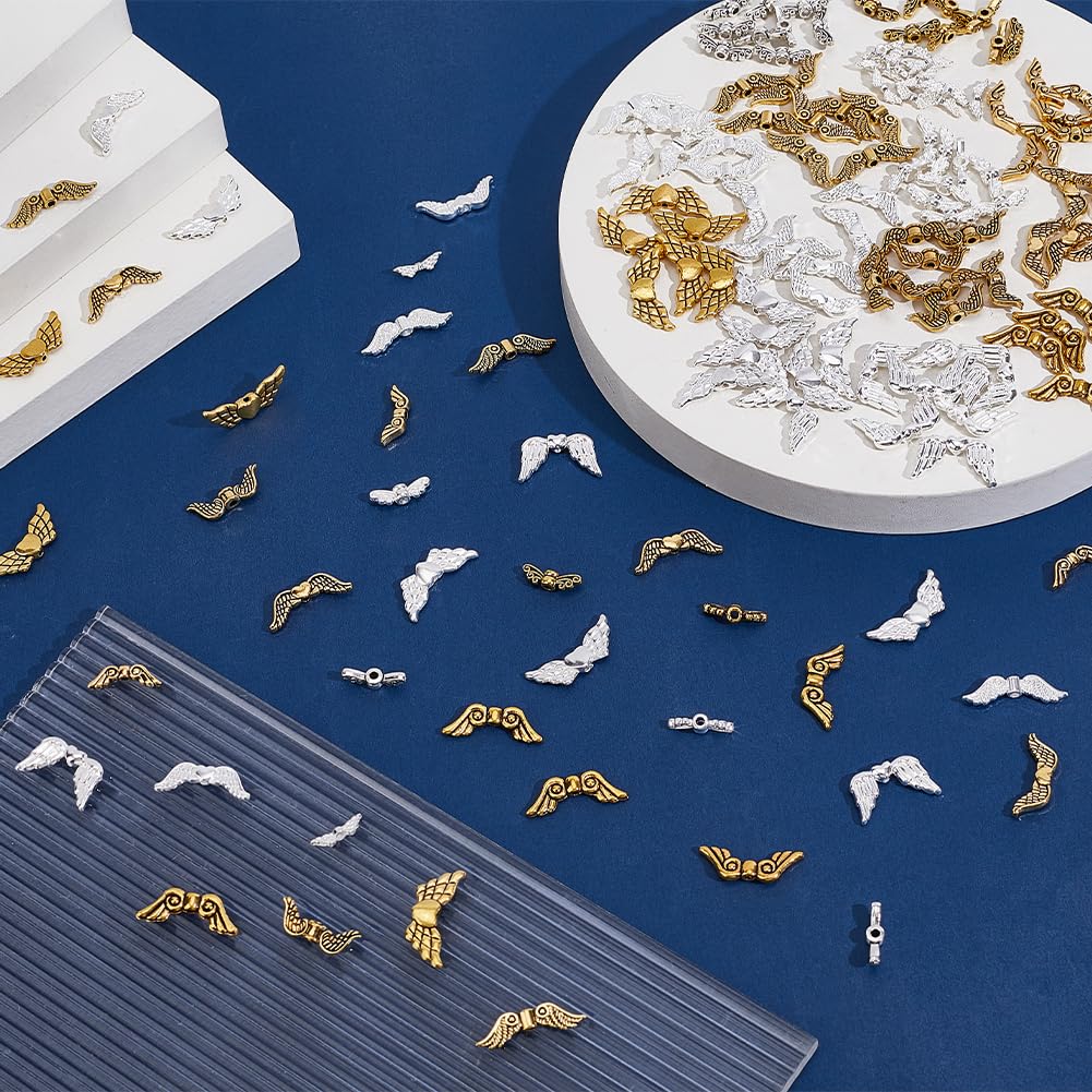 PH PandaHall 173pcs Wing Charms Metal Angel Wings Pendant Alloy Fairy Wing Beads Tibetan Style Metal Vintage Charms for DIY Jewelry Making Supplies Arts Crafts Necklace Bracelet, Silver/Gold
