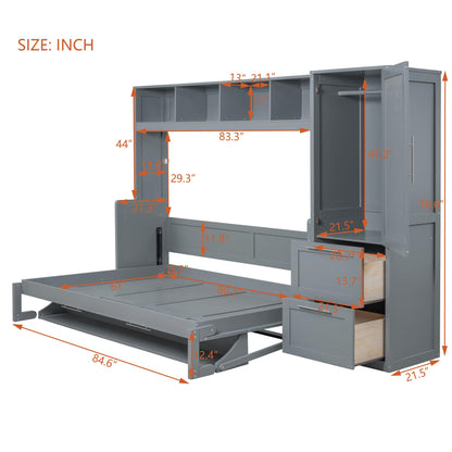 Merax Queen Size Murphy Bed, Wall with Closet and Drawers, Storage Space Saving Muti-Functional Beds Frame for Home Office Guest Room, Gray