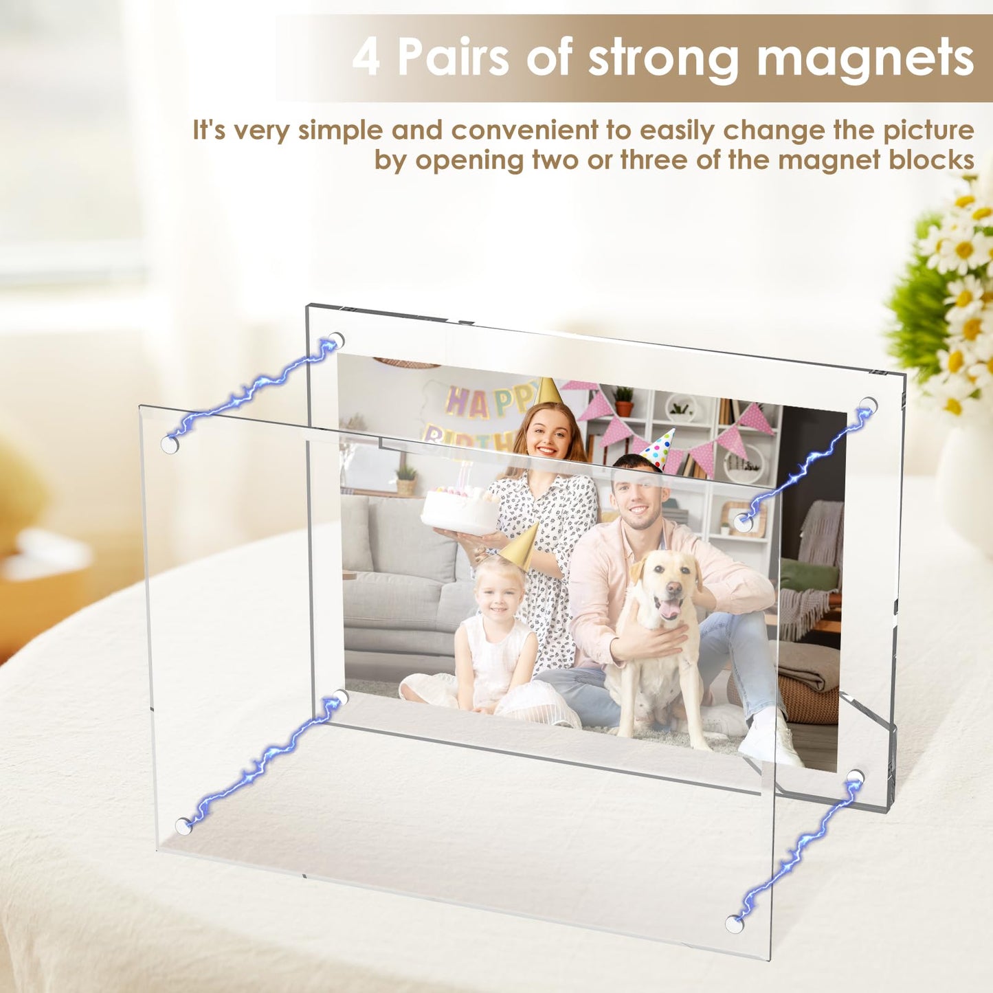 6x8 Inch Acrylic Magnetic Picture Frame,2 PackTransparent Floating Frameless Photo Frame with Easel Stand,Double Sided Tabletop Display Magnetic Acrylic Frame for Home Office Decor Wedding Birthday Gifts