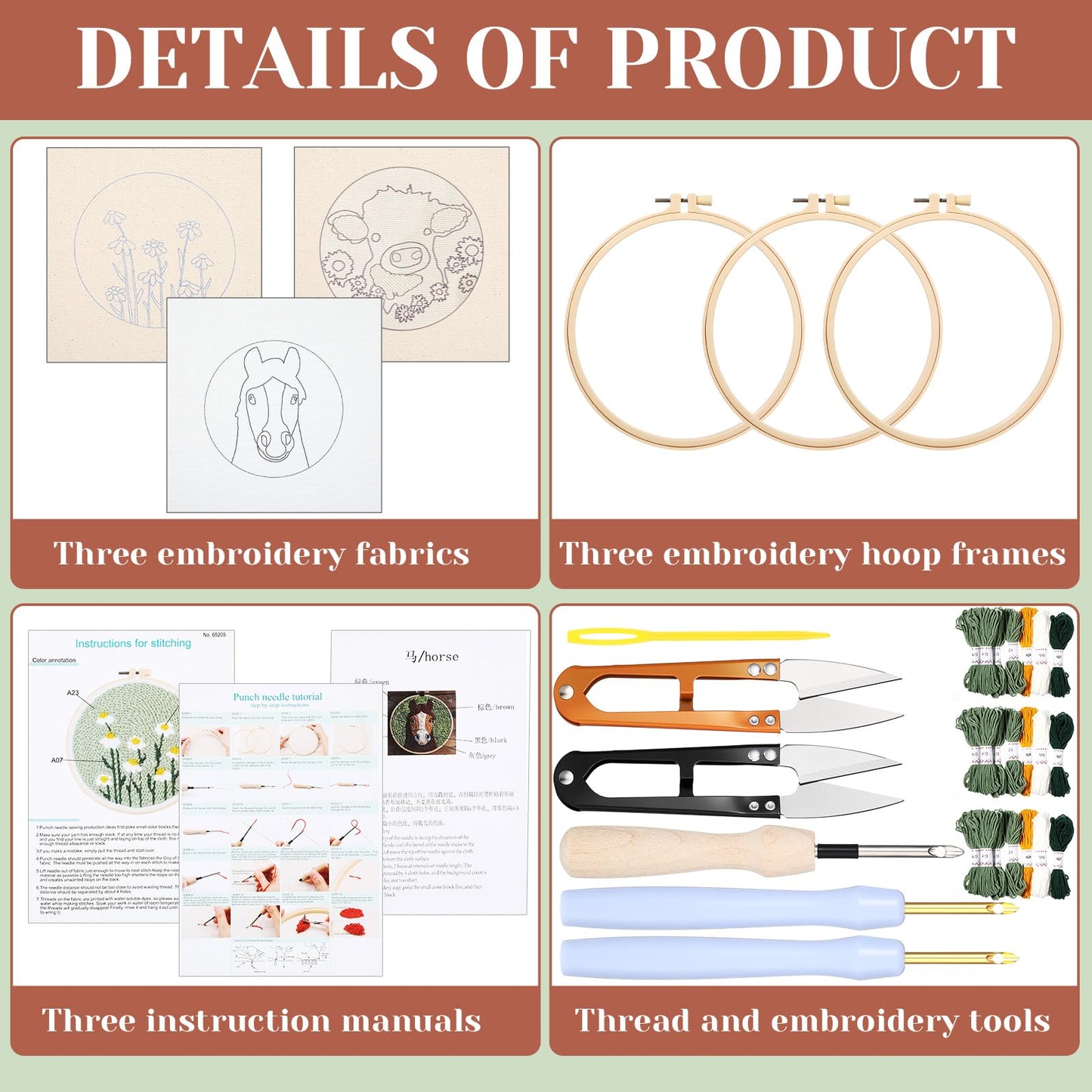 Hahafelt 3 Sets Punch Needle Kits, Punch Needle Kits for Adults Beginner, Highland Cow Daisy Flower Horse Punch Needle Tool with Punch Needle Fabric, Hoops, Yarns and Sewing Needles
