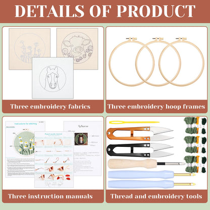 Hahafelt 3 Sets Punch Needle Kits, Punch Needle Kits for Adults Beginner, Highland Cow Daisy Flower Horse Punch Needle Tool with Punch Needle Fabric, Hoops, Yarns and Sewing Needles