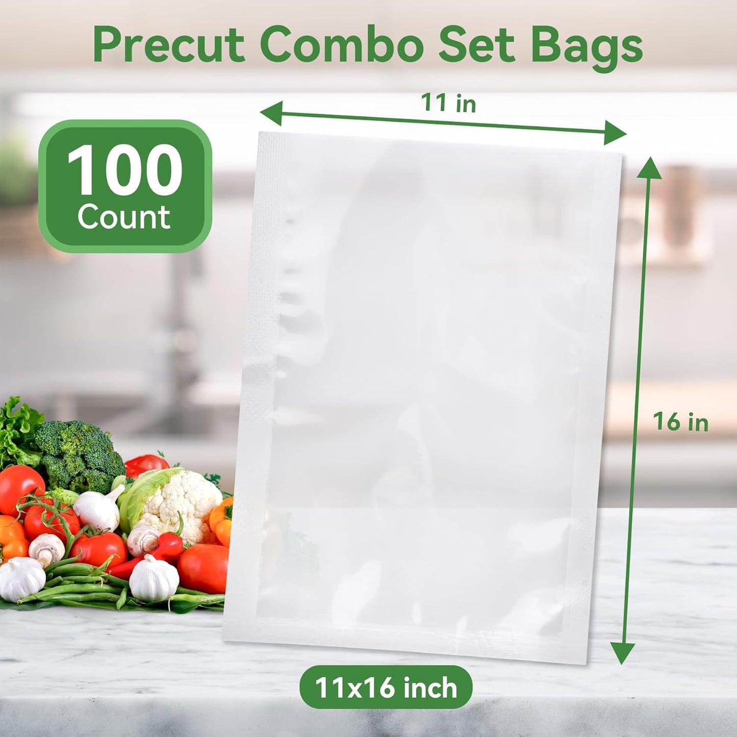 Vacuum Sealer Bag, BPA Free, 11"×16" 100 Pack for Pre-Cut Vacuum Food Storage