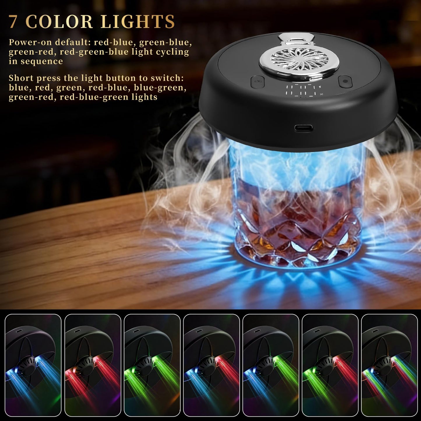 Audoyon Electric Whiskey Smoker Kit with 7-Color Lights, 6 Flavors Wood Chips Cocktail Shaker with Sphere Ice Mold & Stainless Steel Ice Cubes, Old Fashioned Smoker for Father's Day, Gifts for Him