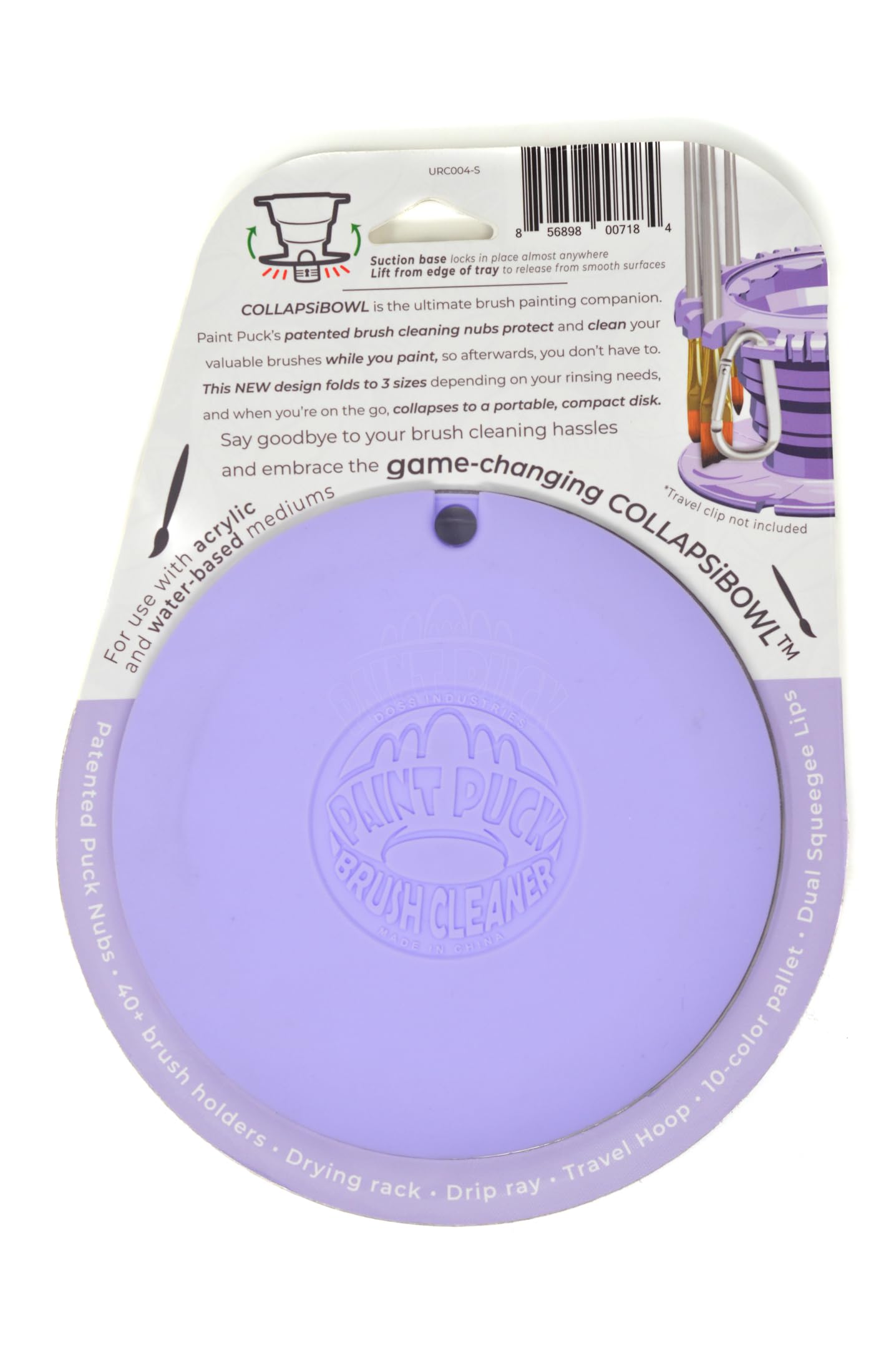 Paint Puck CollapsiBowl Paint Brush Cleaner Rinse Cup (Purple) - Collapsible Paint Water Cup & Brush Cleaner with Brush Holder, Squeegee Lips & Drip Tray for Acrylic, Watercolor & Art Supplies