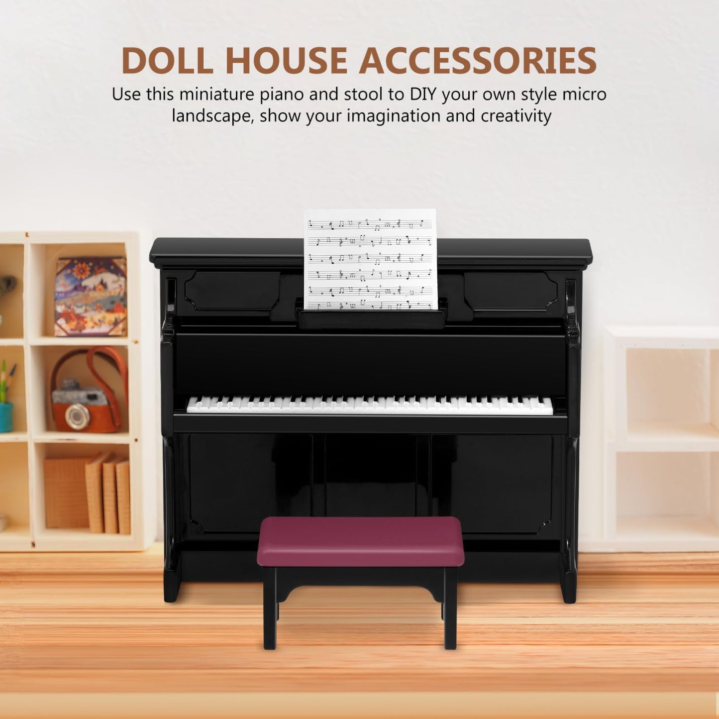 HEALLILY Mini Dollhouse Piano: Black Plastic Dollhouse Piano and Stool Set with Music Sheet for Scene Shooting Props Doll House Decoration, 3.58 X 2.75 X 1.45 Inches