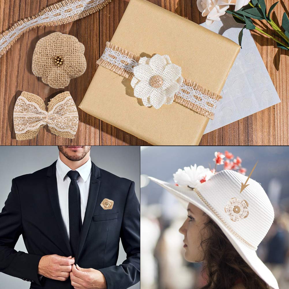 GUIFIER 30PCS Burlap Hessian Flowers Set, Include 24 Burlap Flowers and Bowknots, 5 Lace Burlap Ribbon Rolls,1 Twine Ribbon and Glue Point for Wedding Party Decor Home Embellishment DIY Crafts