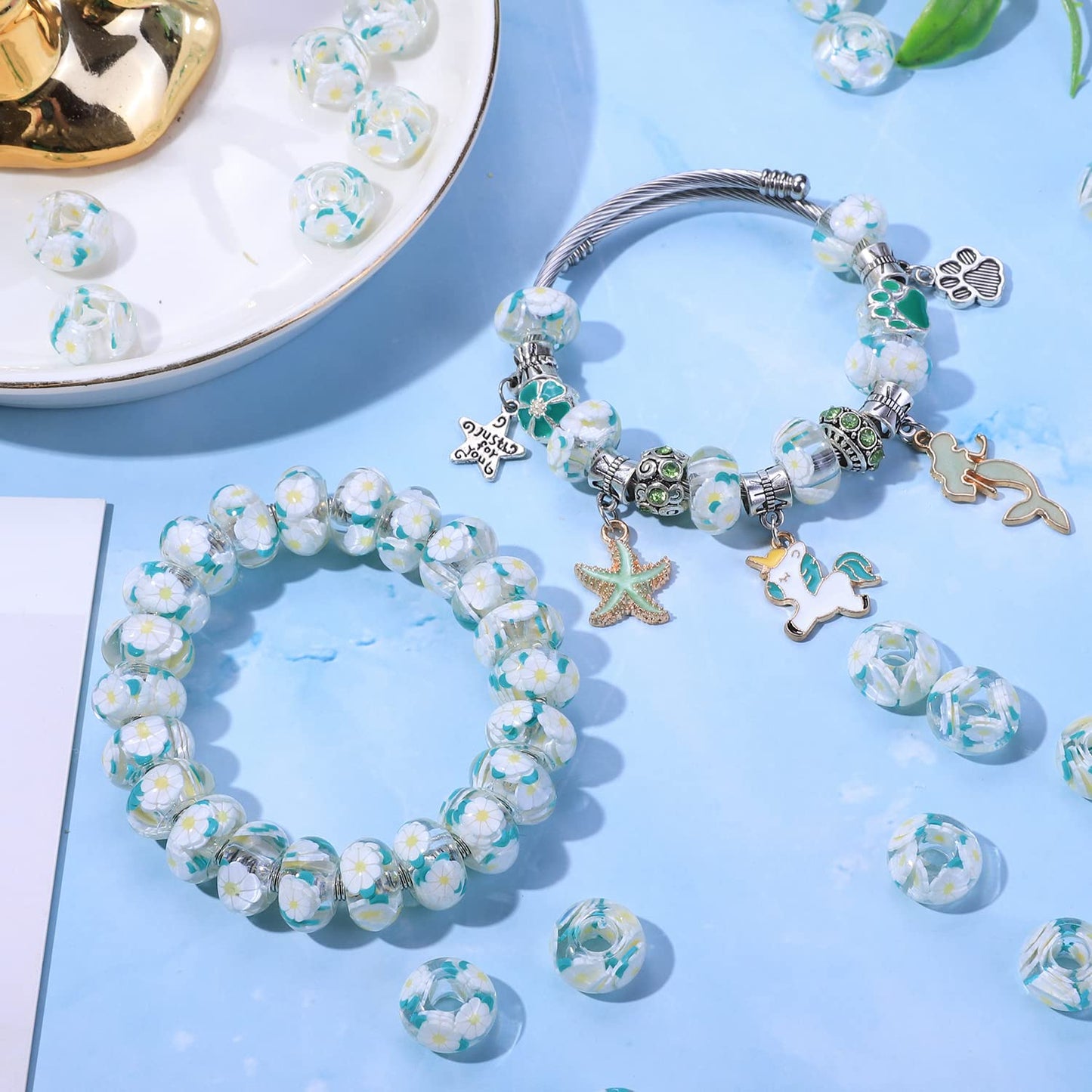 AIPRIDY Girls' Lucky Lover Amber Beads, Big Hole Spacer European Craft Beads for DIY Charms Bracelet Jewelry Making (Eight Petal White)