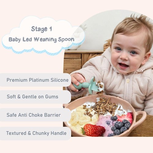 Ginbear Platinum Silicone Baby Spoons - Non-Toxic Self-Feeding Utensils for Infants | Pack of 4 (Hazy Green/Pink)