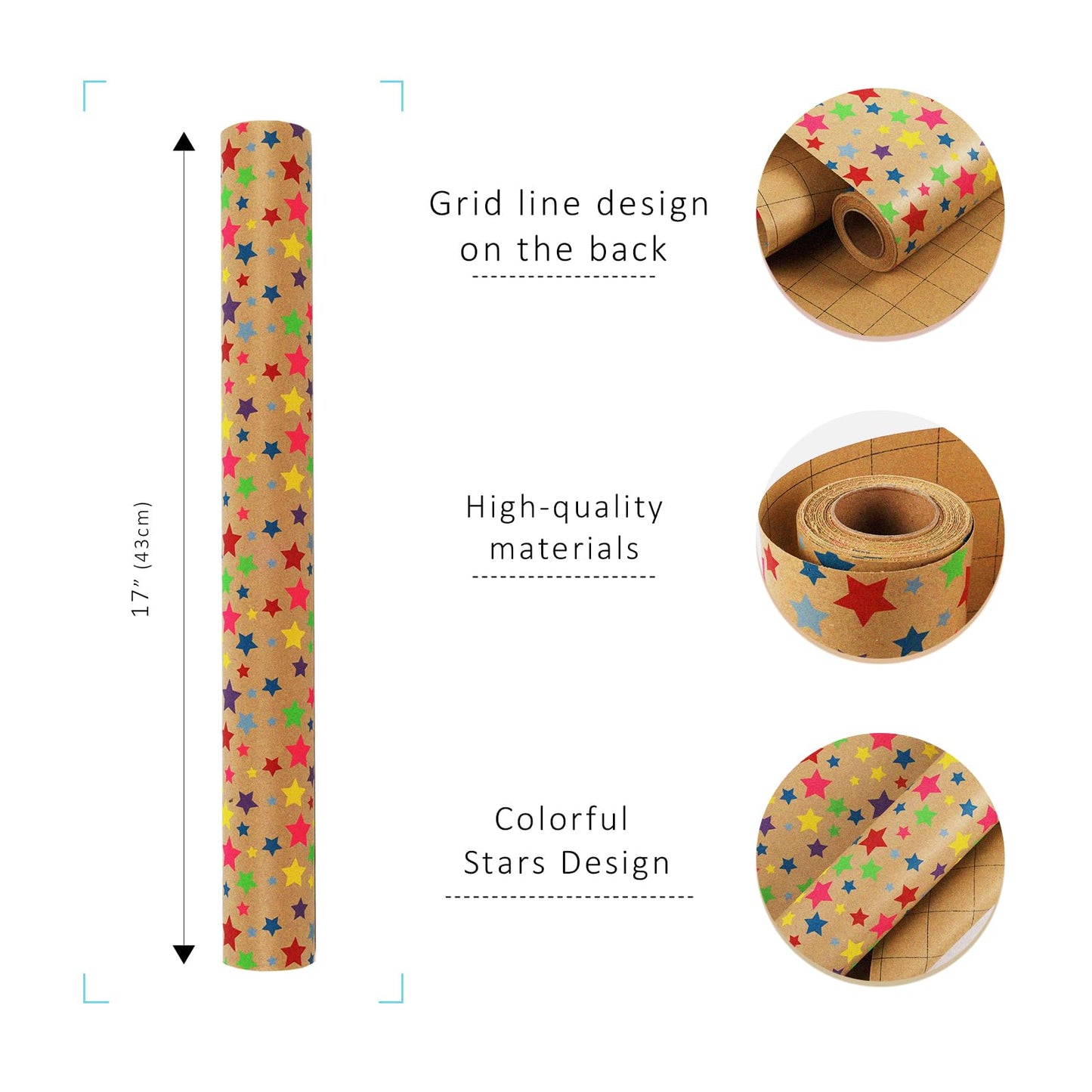 BIOBROWN Kraft Wrapping Paper Roll Colorful Stars Design Perfect for Birthday Holiday Wrap 17 inch X 33 feet