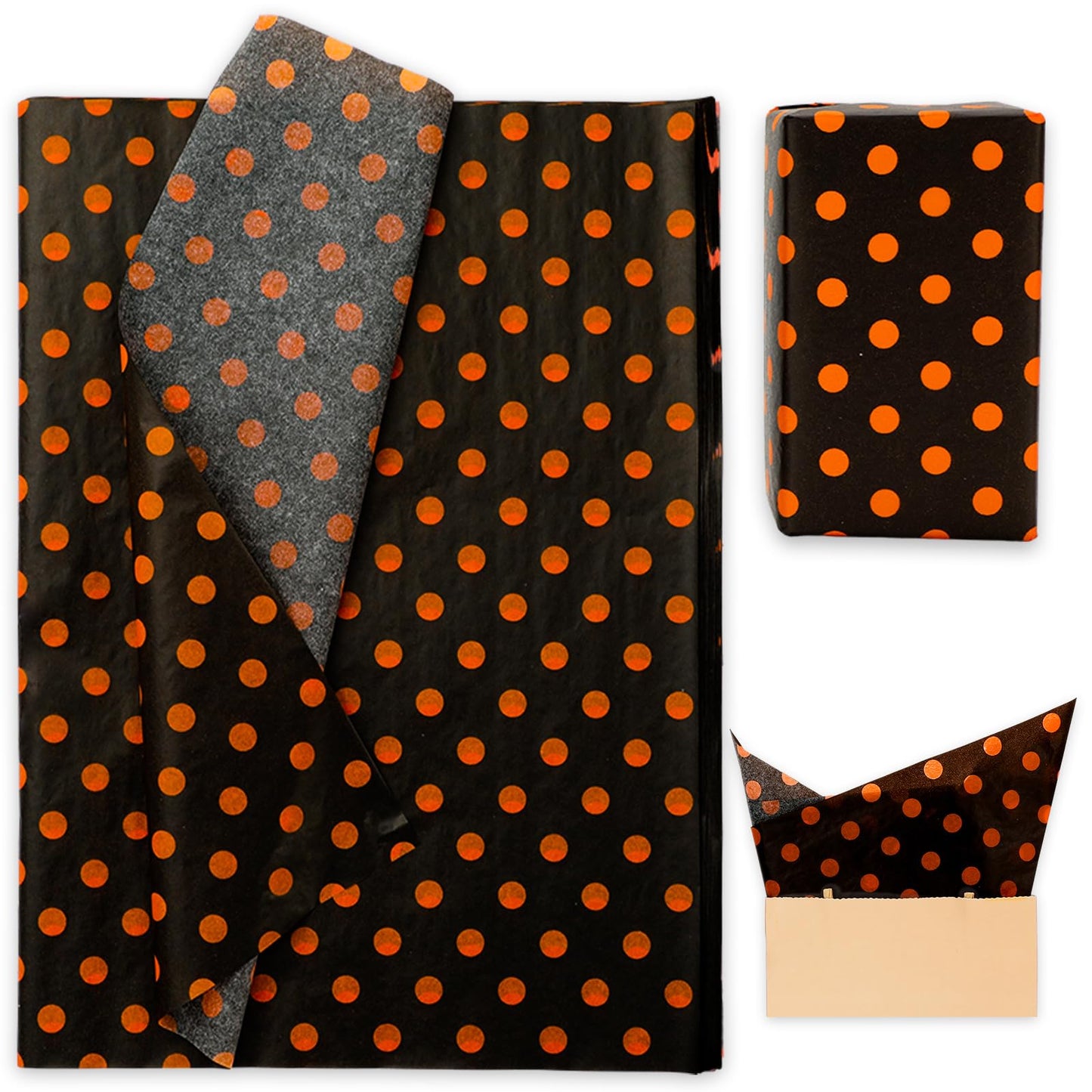 Whaline 100 Sheets Halloween Tissue Paper Polka Dot Gift Wrapping Paper Black Orange Art Sheet for Holiday Birthday Baby Shower Party DIY Crafts Supplies, 14 x 20 Inch