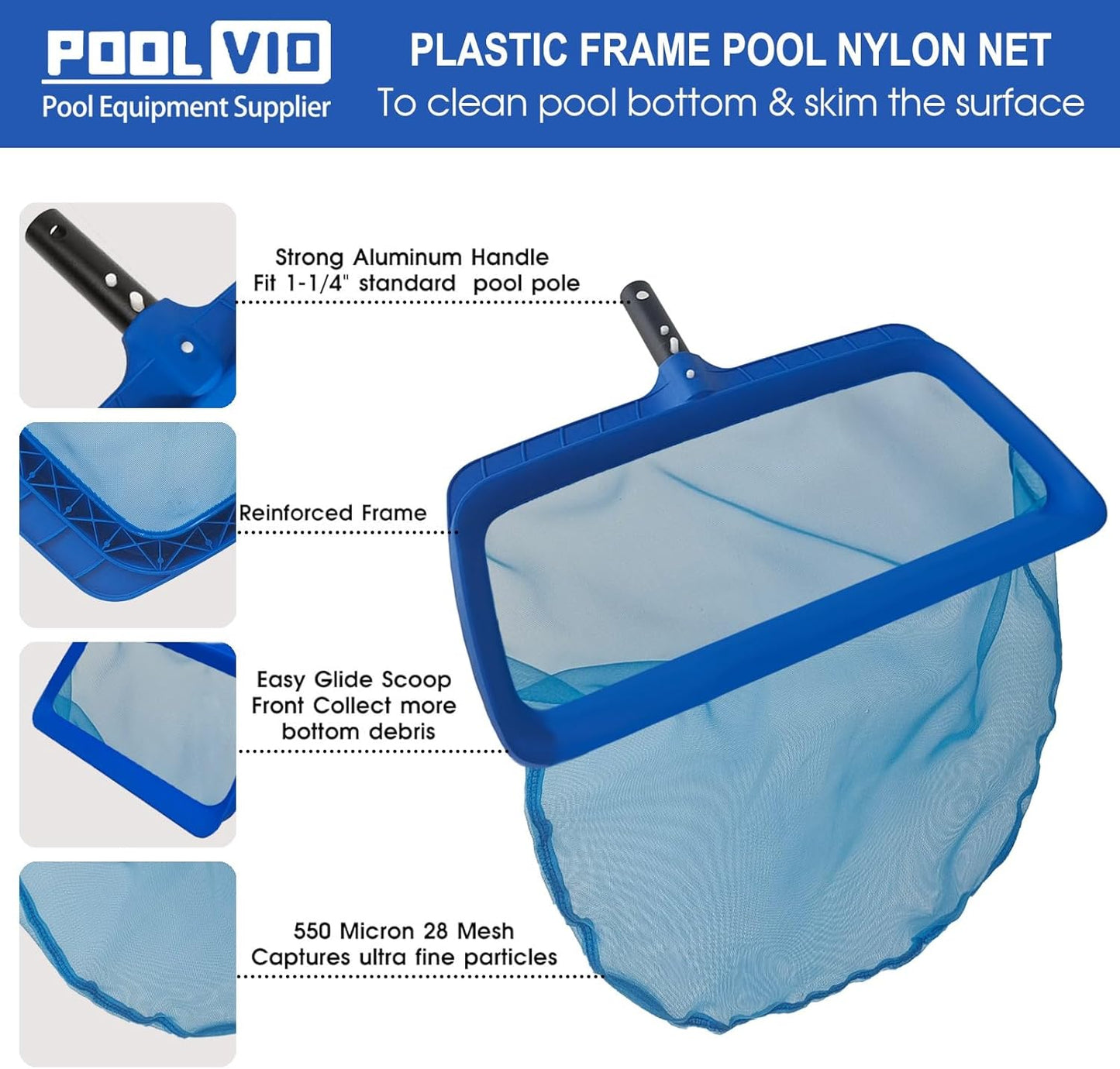 Poolvio Professional Pool Skimmer Net - Heavy Duty Nylon Mesh with Extra Wide Scoop Edge for Efficient Cleaning