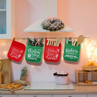 10 Pcs Christmas Pot Holders with Pocket, Heat Resistant Oven Mitts, Red & Green, for Kitchen Baking