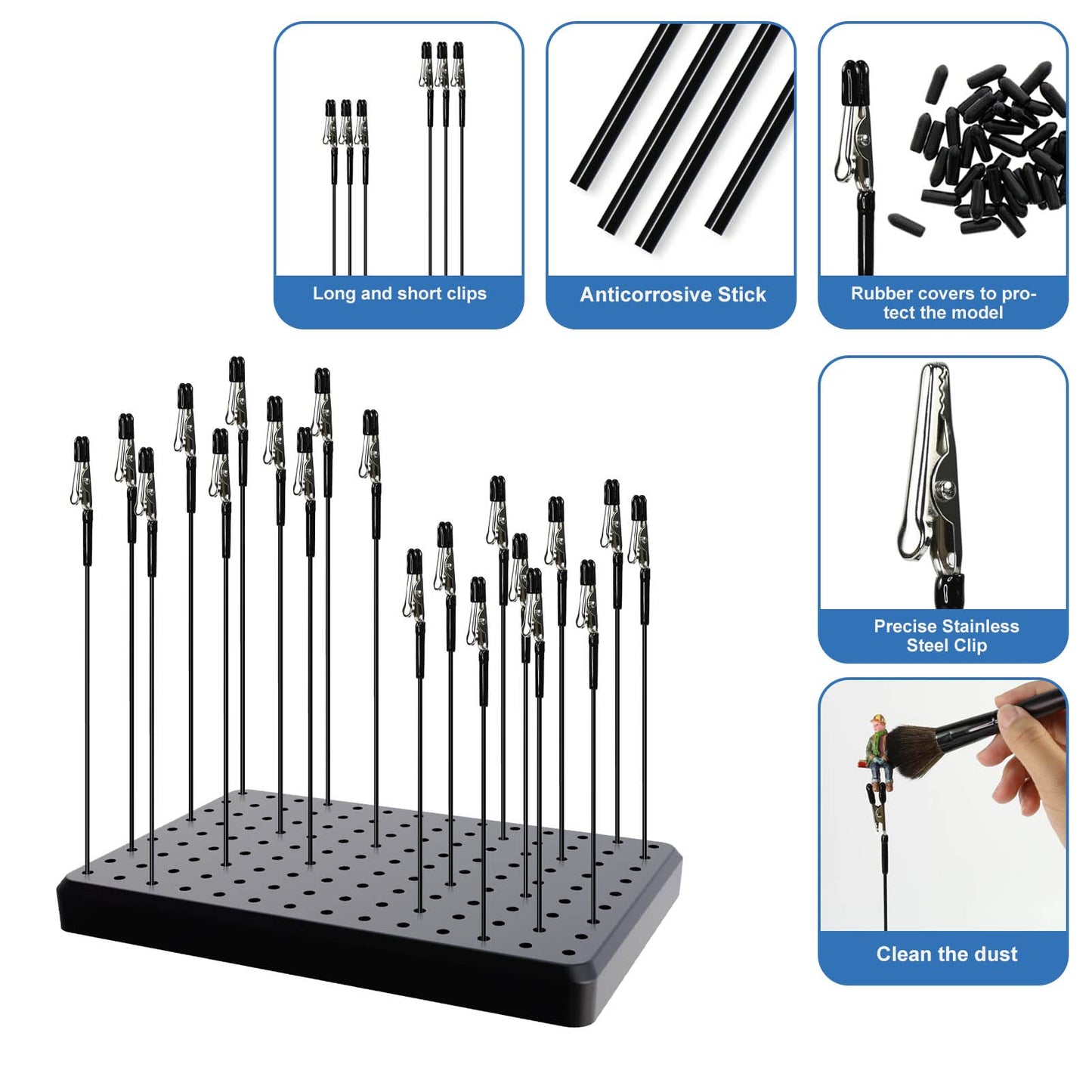1PC Painting Stand Base and 1PC Cleaning Brush 10PCS 7.3inch Alligator Clip Stick and 10PCS 5.9inch Alligator Clip Stick Set Modeling Tools for Airbrush Hobby Model Parts
