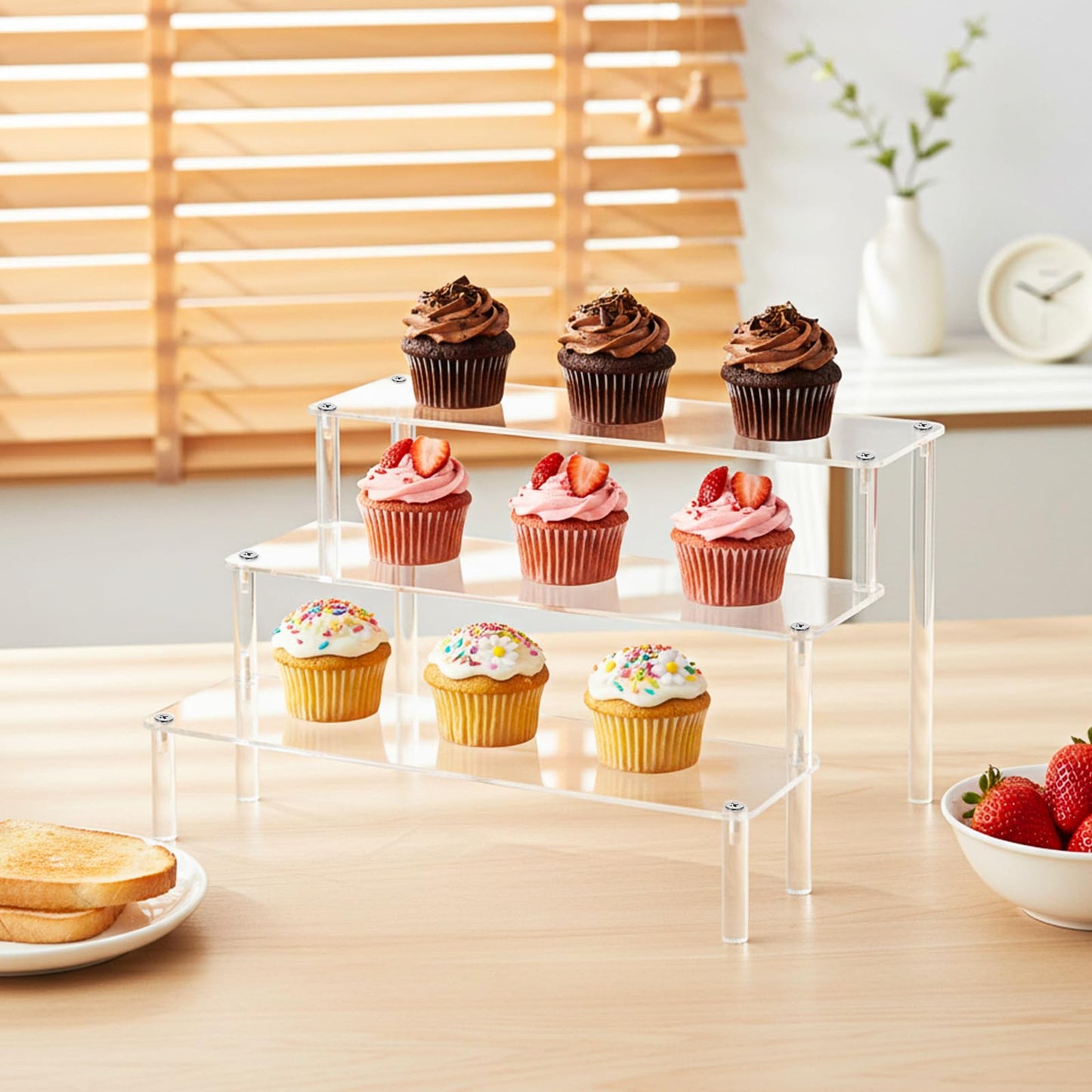 3 PACKS Acrylic Riser Clear Display Stand Perfume Stand Organizer Clear Shelf 3 Tier Cupcake Display Stands Clears Acrylic Shelf Risers for Collectibles, Dessert Shelves for Decoration and Organizer