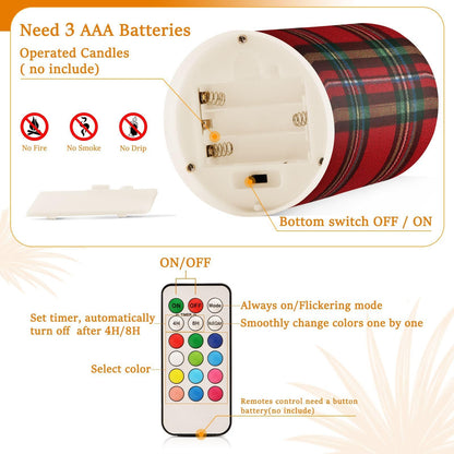 ALAZA Holiday Red Green Buffalo Tartan Plaid Flickering Flameless Candles Battery Operated with Remote Timer,Tea Light Candles LED Pillar Votive Candles Set of 2 for Outdoor Indoor Decorations