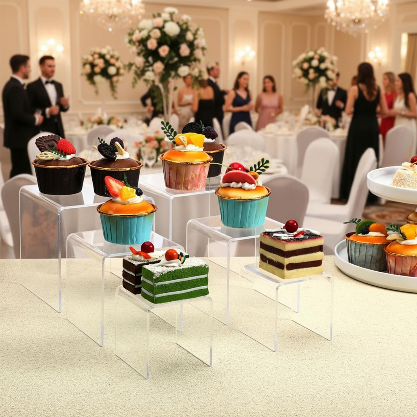 Yolev 6 Pcs Clear Acrylic Risers Display Stands 0.2" Thick 2 Sets Square 3-Tier Risers Stands Tall Acrylic Shelf Riser Display Holder for Figures, Decorations, Cupcakes, Dessert Table (3",4",5")