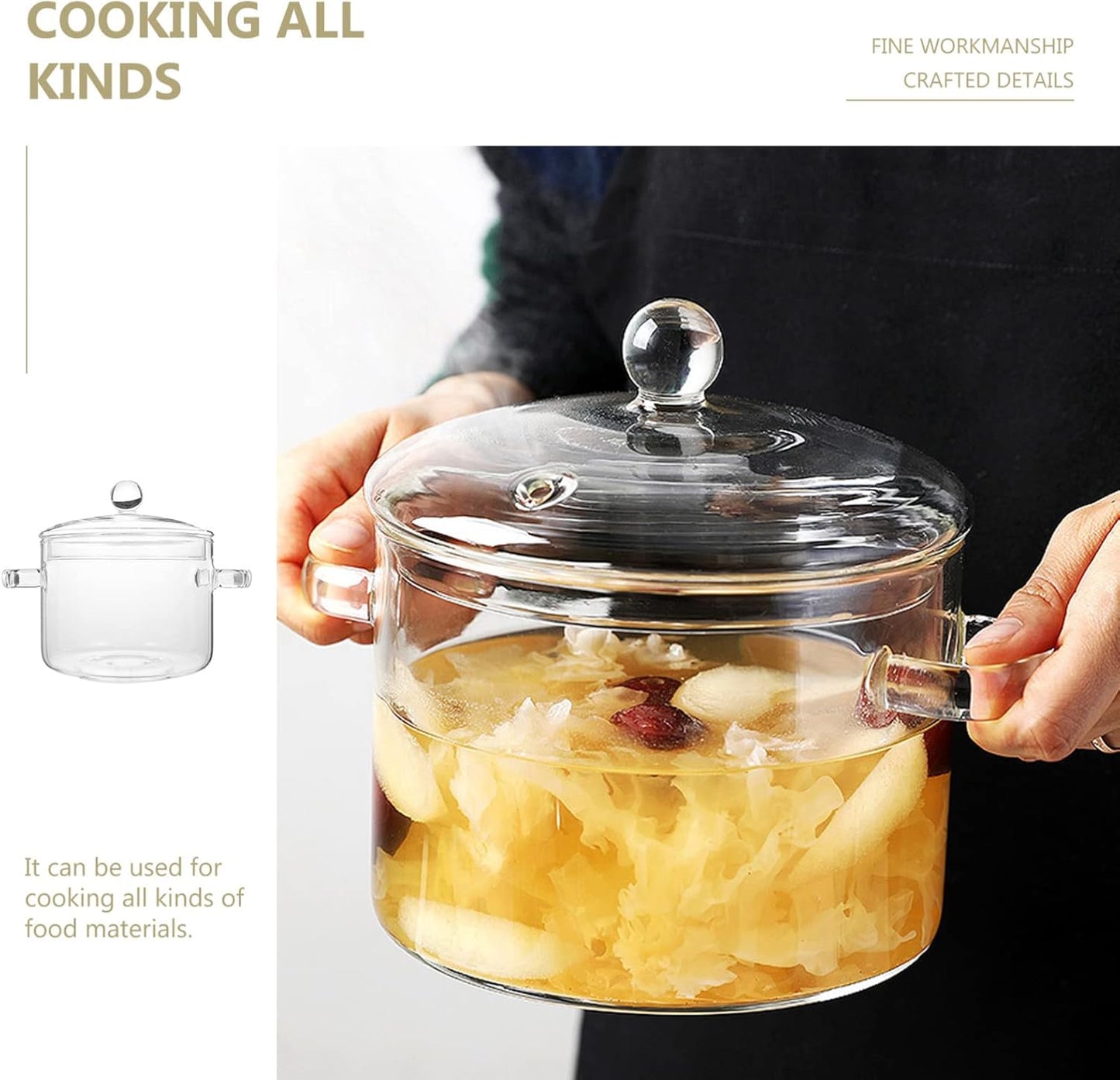 Cooking Pot Glass Simmer Pots, 45Oz/1.35L Borosilicate Glass Handmade Saucepan Set, Safe for Pasta, Noodle, Soup, Milk,