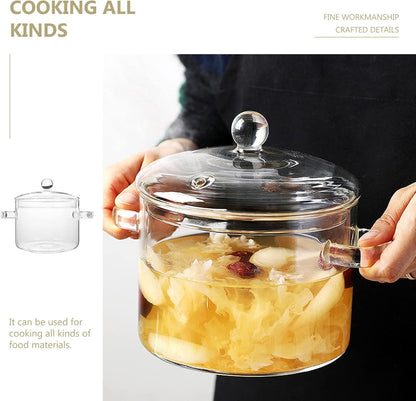 Cooking Pot Glass Simmer Pots, 45Oz/1.35L Borosilicate Glass Handmade Saucepan Set, Safe for Pasta, Noodle, Soup, Milk,