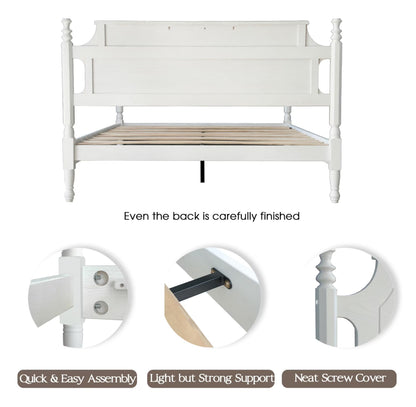Solid Wood Queen Size Platform Frame, Headboard & Footboard, No Box Spring Needed, 12 Wooden Slats, Center Metal Legs, Slip-Free, Simple Assembly, Under Bed Storage, Pure White Finish, ROQ-39
