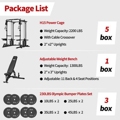 JEEKEE Power Cage with Cable Crossover System, 2200LB Heavy Duty Power Rack with Dual Pulley, 180LB Weight Stack, LAT Pulldown, 20+ Attachments for Home Gym,Black