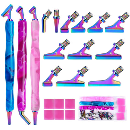 Sttargxing 21 PCS Diamond Painting Pen Kit,45 Degree Stainless Steel Screw Thread Multi Placer with 6 Clay, Diamond Painting Pen Accessories for DIY Craft (Colourful-45° Bevel)