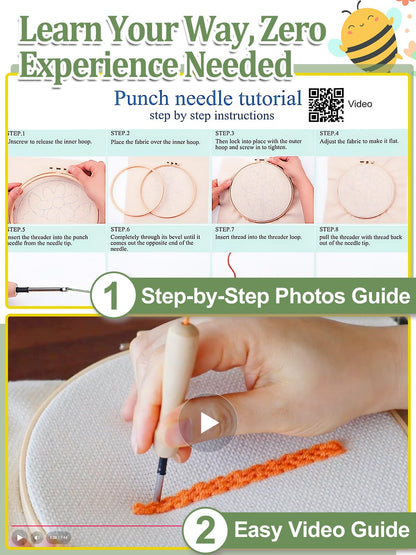 Punch Needle Kit Adults Beginner - Step-by-Step Video & Guide, Includes Hoop/Needle/Yarns/Punch Needle Fabric with Pattern, Spring Embroidery Craft Gifts for Women, Bees