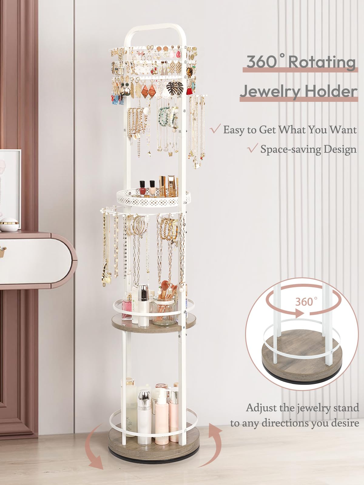 Jewelry Holder Organizer, Floor Jewelry Organizer with Earring Organizer Necklace Holder, Rotating Jewelry Stand Necklace Display Earring Storage, Large Hanging Jewelry Tree for Jewlery Bracelet Ring