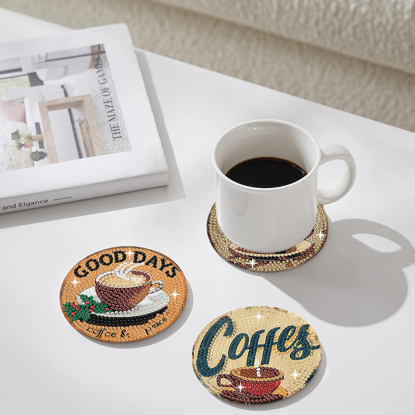 ASslanLYs 8 Pcs Diamond Paintings Coasters,Coffee Diamond Art Coasters Kits for Adults Set with Holder-DIY Craft Diamond Dots for Family Decoration Holiday Gift