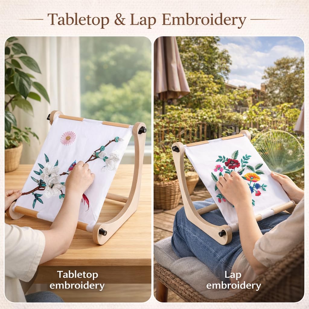 Embroidery Table Stand for Lap or Tabletop, Hands-Free Wooden Needlepoint Holder with 2 Pole Sets for Cross Stitch, Sewing and Needlework
