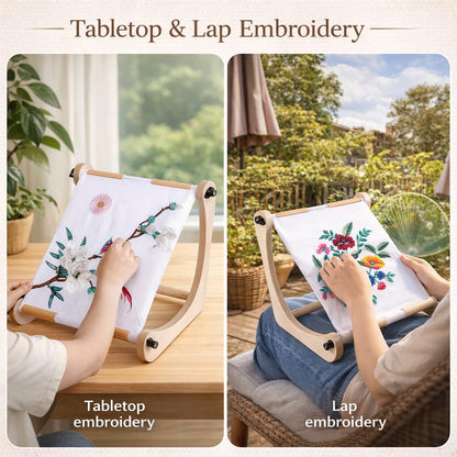 Embroidery Table Stand for Lap or Tabletop, Hands-Free Wooden Needlepoint Holder with 2 Pole Sets for Cross Stitch, Sewing and Needlework