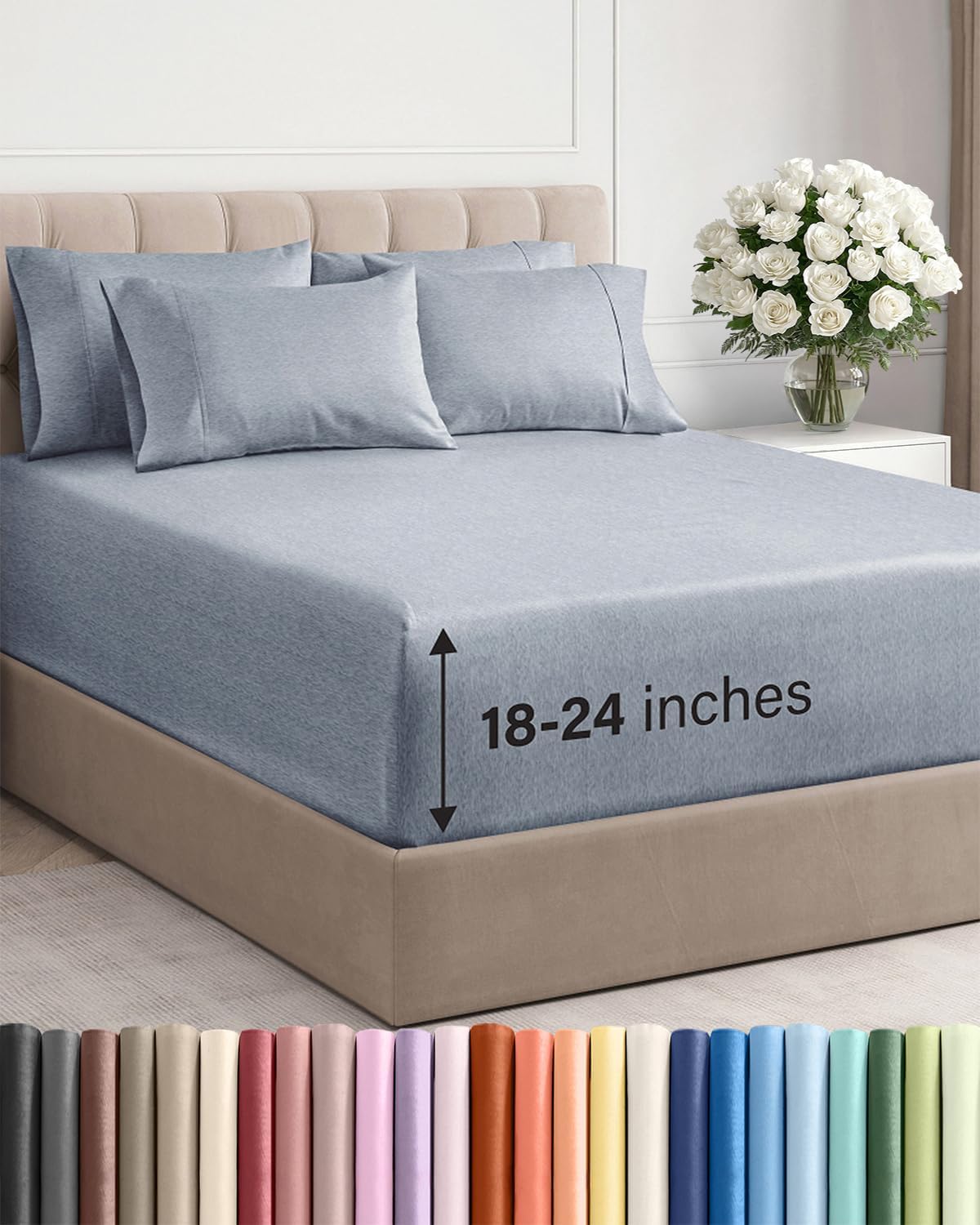 Skiennix Extra Deep Cal King Sheet Set - 6 Piece Breathable Cooling Bedding - Soft Wrinkle-Free Heathered Blue