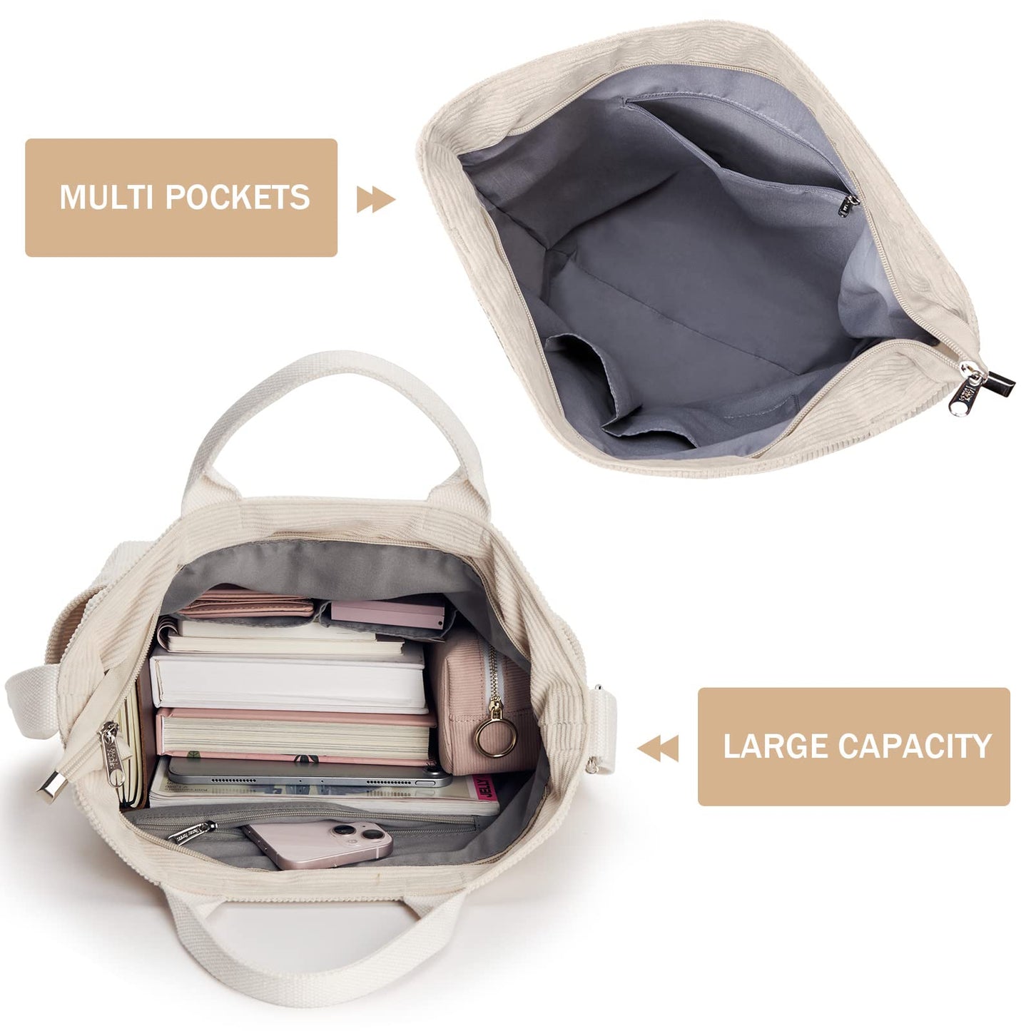 KALIDI Corduroy Tote Bag, Zipper Messenger Bag Shoulder Hobo Crossbody Bag Casual Work Colledge Shopping Women