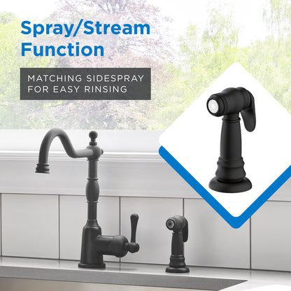 Gerber Opulence Black Kitchen Faucet with Side Spray - Farmhouse Style, Single Handle, Heavy-Duty Brass Construction, 2-Hole Installation in Satin Black, D401157BS