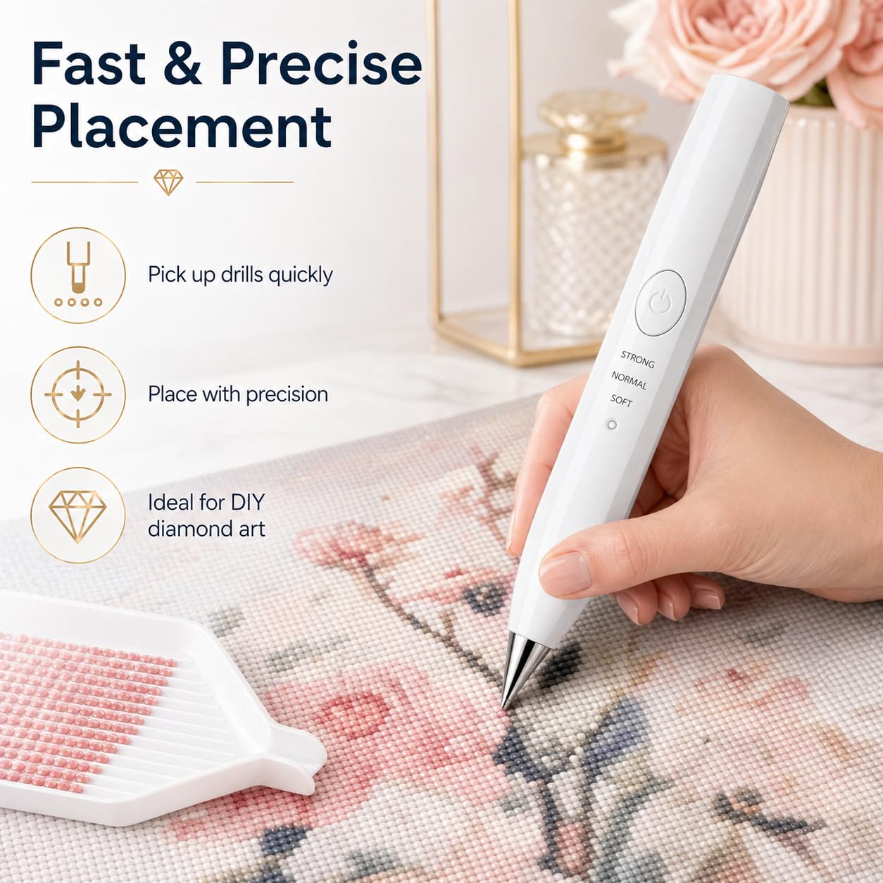TUCEVSX Electric Diamond Painting Pen Kit, Cordless USB-C Rechargeable Diamond Art Tool with Vacuum Pickup, No Wax, 3 Suction Levels, Interchangeable Tips, Low Noise for DIY Craft Lovers.(White)